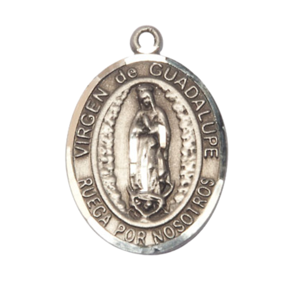 Spanish Script Women's .925 Sterling Silver Virgen de Guadalupe Medal Pendant on 18 Inch Rhodium Plated Lite Curb Brass Chain, Catholic Religious Necklace with Lobster Claw Clasp - Made in USA - with Velvet Gift Box