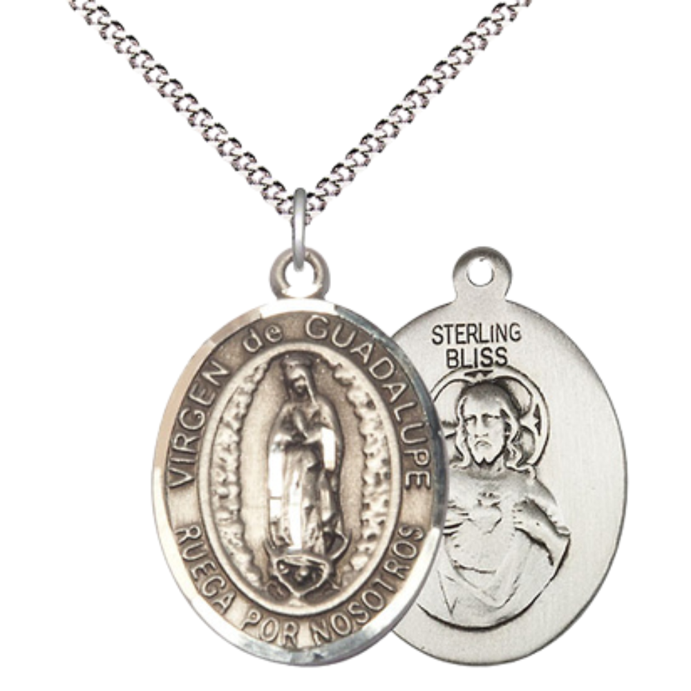 Spanish Script Women's .925 Sterling Silver Virgen de Guadalupe Medal Pendant on 18 Inch Rhodium Plated Lite Curb Brass Chain, Catholic Religious Necklace with Lobster Claw Clasp - Made in USA - with Velvet Gift Box