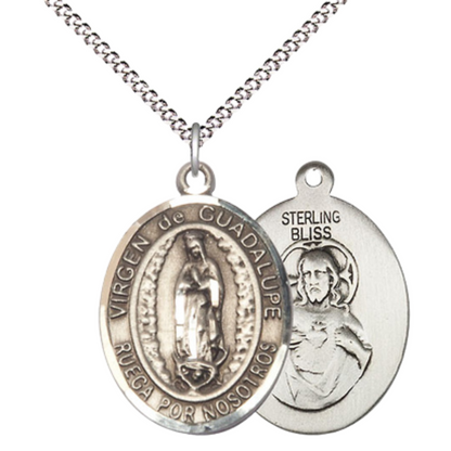 Spanish Script Women's .925 Sterling Silver Virgen de Guadalupe Medal Pendant on 18 Inch Rhodium Plated Lite Curb Brass Chain, Catholic Religious Necklace with Lobster Claw Clasp - Made in USA - with Velvet Gift Box