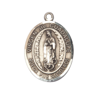 Spanish Script Men's .925 Sterling Silver Virgen de Guadalupe Medal Pendant on 24 Inch Endless Rhodium Plated Heavy Curb Chain,Catholic Religious Necklace -Made in USA, Deluxe Velvet Gift Box