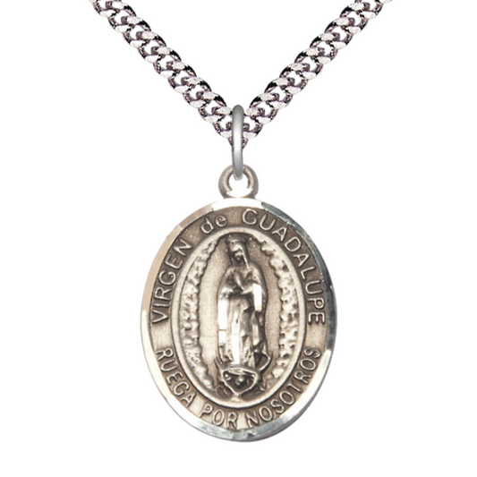 Mens 1 x 3/4" Oval Pewter Virgen de Guadalupe Medal Pendant on 24 Inch Rhodium Plated Heavy Curb Brass Chain with Lobster Claw clasp, Catholic Religious Necklace - Made in USA - Velvet Gift Box