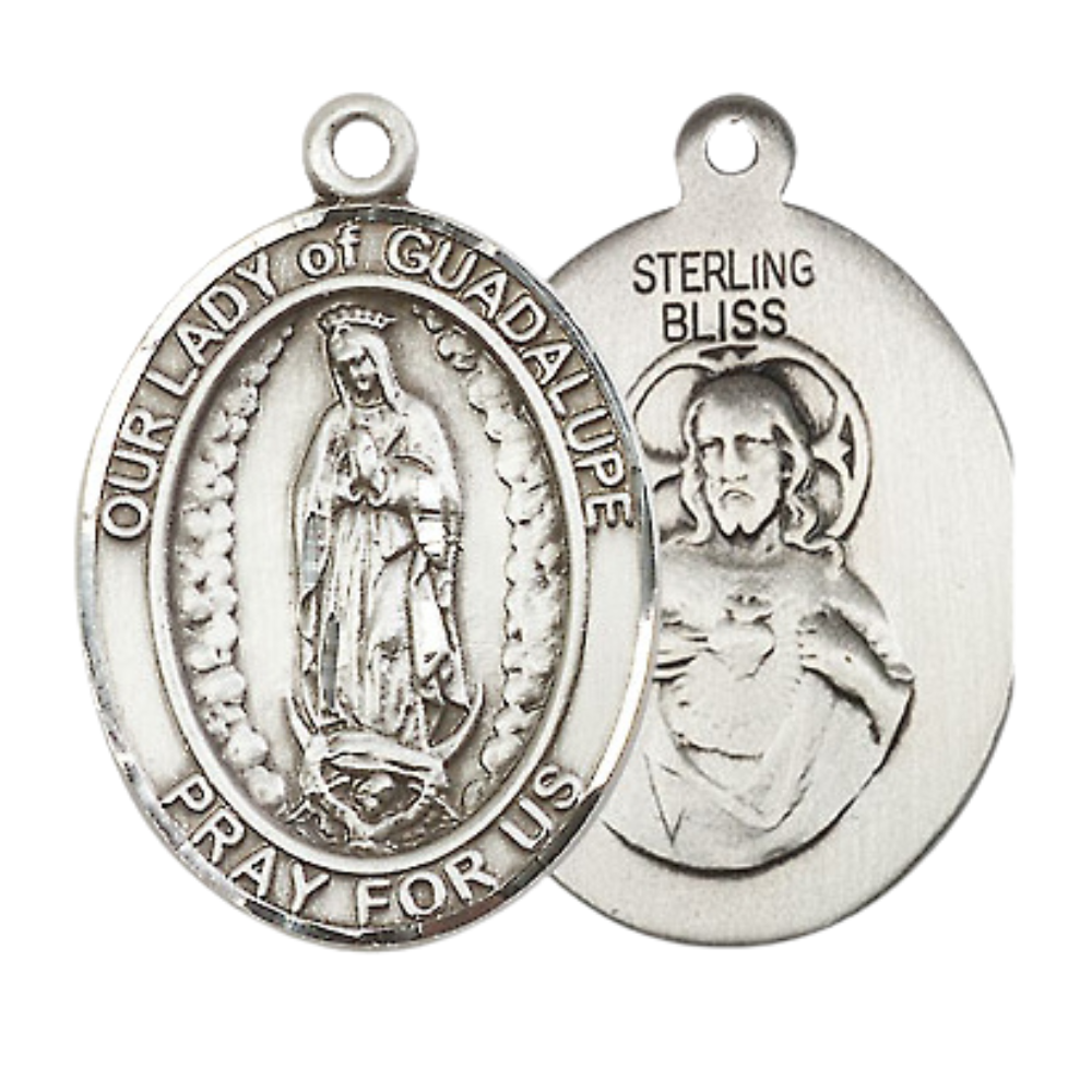 Our Lady of Guadalupe Medal Necklace– Men's Sterling Silver Pendant on 24” Light Rhodium Plated Heavy Curb Chain – Catholic Patron Saint of Central America – Velvet Gift Box Included