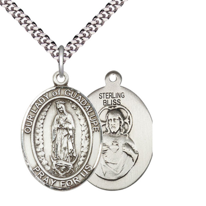 Our Lady of Guadalupe Medal Necklace– Men's Sterling Silver Pendant on 24” Light Rhodium Plated Heavy Curb Chain – Catholic Patron Saint of Central America – Velvet Gift Box Included