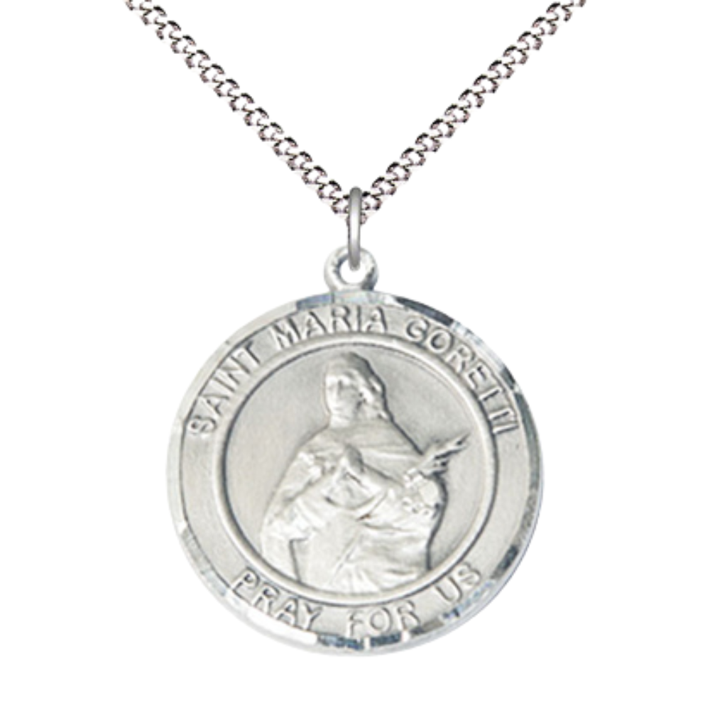 Pewter Saint St. Maria Goretti Medal Pendant on 18 Inch Rhodium Plated Lite Curb Brass Chain w/ Lobster Claw Clasp, Catholic Religious Necklace - Made in USA- Deluxe Velvet Gift Box