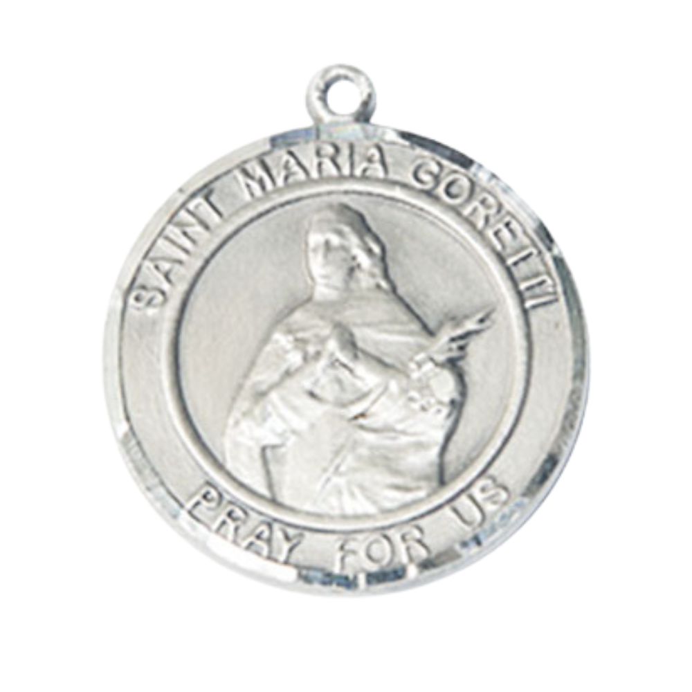 Pewter Saint St. Maria Goretti Medal Pendant on 18 Inch Rhodium Plated Lite Curb Brass Chain w/ Lobster Claw Clasp, Catholic Religious Necklace - Made in USA- Deluxe Velvet Gift Box