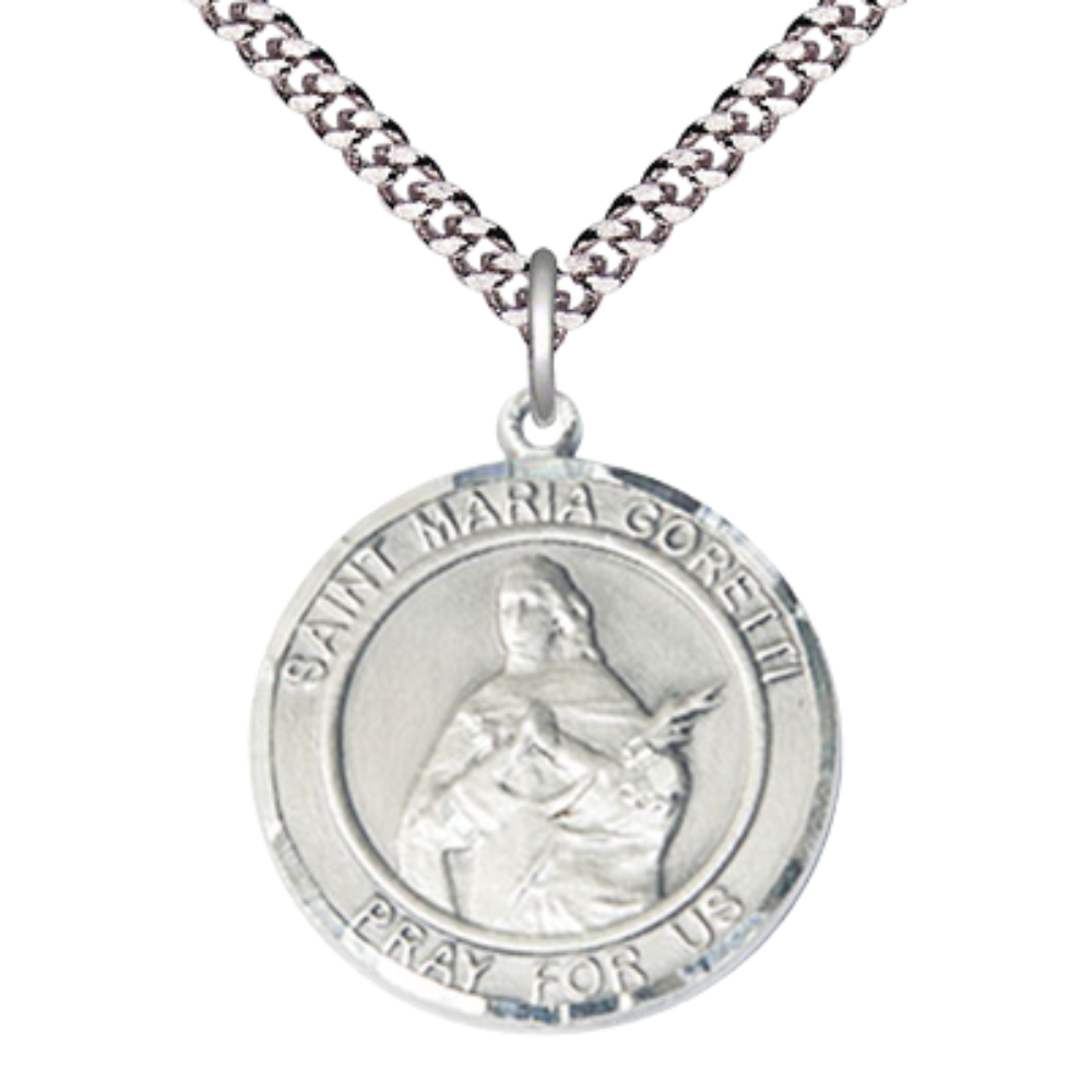 Mens Round Pewter Saint St. Maria Goretti Medal Pendant on 24 inch Rhodium Plated Heavy Curb Brass Chain with Lobster Claw clasp, Catholic Religious Necklace - Made in USA- Deluxe Velvet Gift Box
