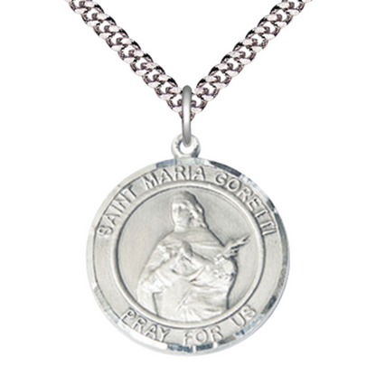 Mens Round Pewter Saint St. Maria Goretti Medal Pendant on 24 inch Rhodium Plated Heavy Curb Brass Chain with Lobster Claw clasp, Catholic Religious Necklace - Made in USA- Deluxe Velvet Gift Box