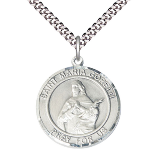 Mens Round Pewter Saint St. Maria Goretti Medal Pendant on 24 inch Rhodium Plated Heavy Curb Brass Chain with Lobster Claw clasp, Catholic Religious Necklace - Made in USA- Deluxe Velvet Gift Box