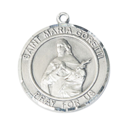 Mens Round Pewter Saint St. Maria Goretti Medal Pendant on 24 inch Rhodium Plated Heavy Curb Brass Chain with Lobster Claw clasp, Catholic Religious Necklace - Made in USA- Deluxe Velvet Gift Box