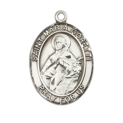 Pewter Saint St. Maria Goretti Medal Pendant on 18 Inch Rhodium Plated Lite Curb Brass Chain w/ Lobster Claw Clasp, Catholic Religious Necklace - Made in USA- Deluxe Velvet Gift Box