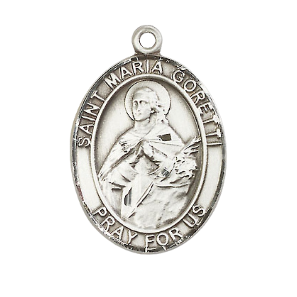 Women's .925 Sterling Silver Saint St. Maria Goretti Medal Pendant on 18 Inch Rhodium Plated Lite Curb Brass Chain with Lobster Claw Clasp, Catholic Religious Necklace - Made in USA- Velvet Gift Box