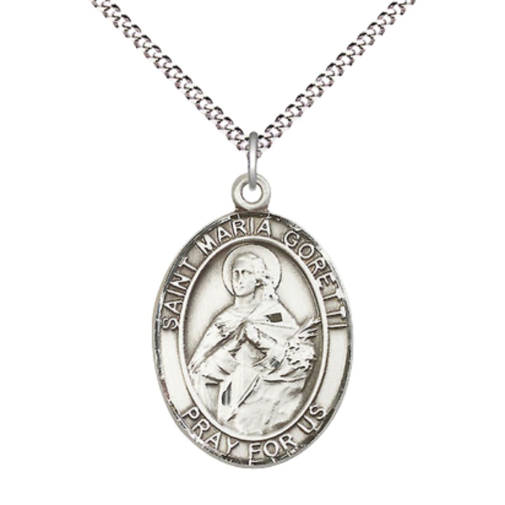 Women's .925 Sterling Silver Saint St. Maria Goretti Medal Pendant on 18 Inch Rhodium Plated Lite Curb Brass Chain with Lobster Claw Clasp, Catholic Religious Necklace - Made in USA- Velvet Gift Box