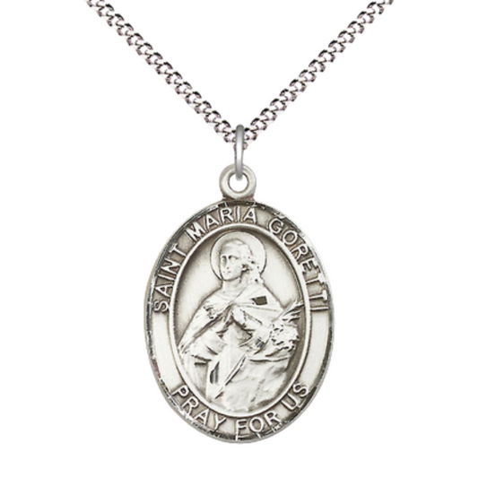 Women's .925 Sterling Silver Saint St. Maria Goretti Medal Pendant on 18 Inch Rhodium Plated Lite Curb Brass Chain with Lobster Claw Clasp, Catholic Religious Necklace - Made in USA- Velvet Gift Box