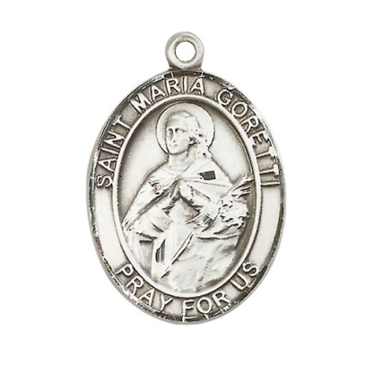 Mens 1 x 3/4" Oval Pewter Saint St. Maria Goretti Medal Pendant on 24 Inch Rhodium Plated Heavy Curb Brass Chain with Lobster Claw clasp, Catholic Religious Necklace - Made in USA - Velvet Gift Box