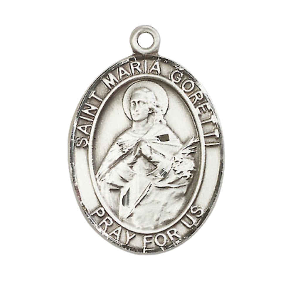 Saint St. Maria Goretti Medal Necklace– Men's Pewter Pendant on 24 Inch Light Rhodium Plated plated Chain – Catholic Patron Saint St. of Teenage Girls – Velvet Gift Box Included