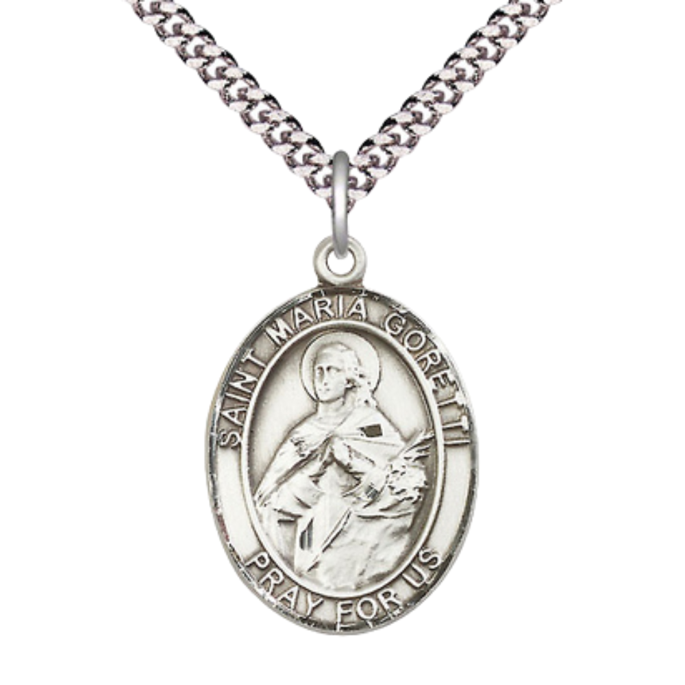 Mens 1 x 3/4" Oval Pewter Saint St. Maria Goretti Medal Pendant on 24 Inch Rhodium Plated Heavy Curb Brass Chain with Lobster Claw clasp, Catholic Religious Necklace - Made in USA - Velvet Gift Box
