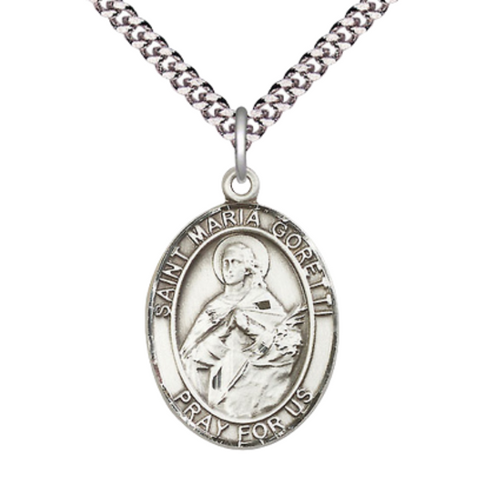 Mens 1 x 3/4" Oval Pewter Saint St. Maria Goretti Medal Pendant on 24 Inch Rhodium Plated Heavy Curb Brass Chain with Lobster Claw clasp, Catholic Religious Necklace - Made in USA - Velvet Gift Box