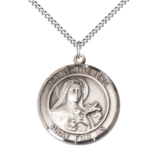 Pewter Saint St. Therese of Lisieux Medal Pendant on 18 Inch Rhodium Plated Lite Curb Brass Chain w/ Lobster Claw Clasp, Catholic Religious Necklace - Made in USA- Deluxe Velvet Gift Box