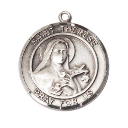 Mens .925 Sterling Silver Saint St. Therese of Lisieux Medal Pendant on 24 Inch Rhodium Plated Heavy Curb Brass Chain with Lobster Claw clasp, Catholic Religious Necklace - Made in USA- Velvet Gift Box