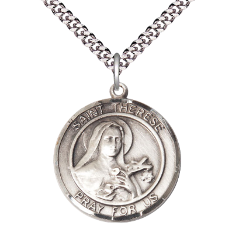 Mens Round Pewter Saint Therese of Lisieux Medal Pendant on 24" Rhodium Plated Heavy Curb Brass Chain with Lobster Claw clasp, Catholic Religious Necklace -Made in USA- Velvet Gift Box