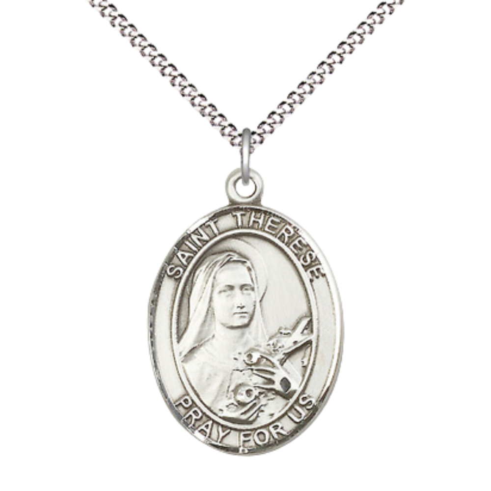 Women's Pewter Saint St. Therese of Lisieux Medal Pendant on 18 Inch Rhodium Plated Lite Curb Brass Chain w/ Lobster Claw Clasp, Catholic Religious Necklace - Made in USA- Deluxe Velvet Gift Box