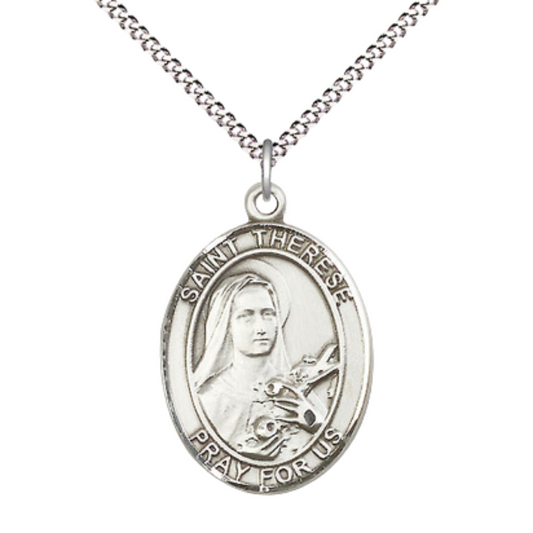 Women's Pewter Saint St. Therese of Lisieux Medal Pendant on 18 Inch Rhodium Plated Lite Curb Brass Chain w/ Lobster Claw Clasp, Catholic Religious Necklace - Made in USA- Deluxe Velvet Gift Box