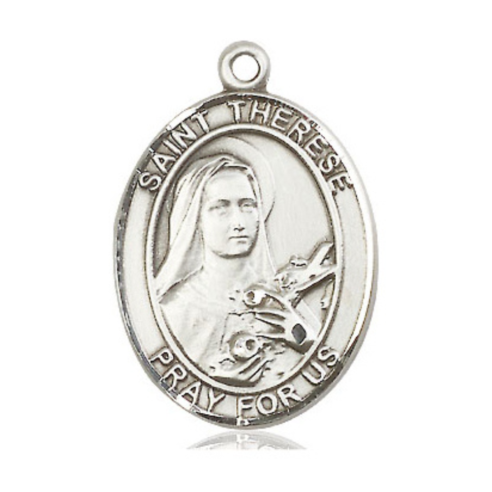 Sterling Silver Saint Therese of Lisieux Medal – Patron Saint of Aviators & Florists with 24” Light Rhodium Heavy Curb Chain