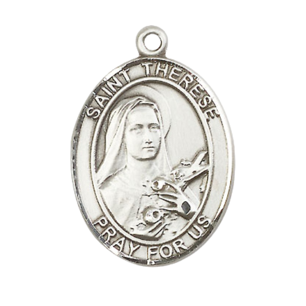 Saint St. Therese of Lisieux Medal Necklace– Men's Pewter Pendant on 24 Inch Light Rhodium Plated plated Chain – Catholic Patron Saint St. of Aviators & Florists – Velvet Gift Box Included