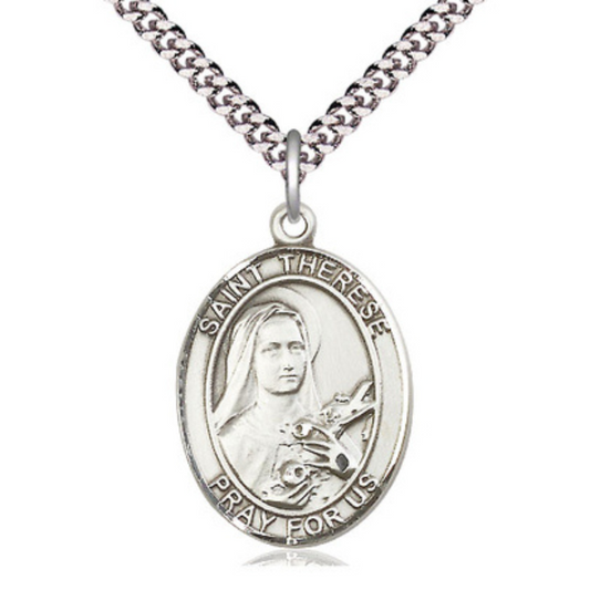 Saint St. Therese of Lisieux Medal Necklace– Men's .925 Sterling Silver Pendant on 24 Inch Light Rhodium Plated Heavy Curb Chain – Catholic Patron Saint St. of Aviators & Florists – Velvet Gift Box Included