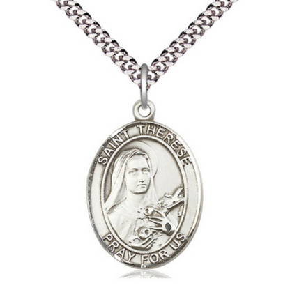 Mens Oval Pewter Saint Therese of Lisieux Medal Pendant on 24" Rhodium Plated Heavy Curb Brass Chain with Lobster Claw clasp , Catholic Religious Necklace -Made in USA - Deluxe Velvet Gift Box