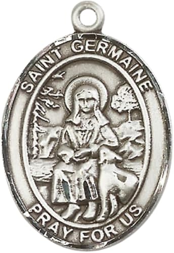Women's Pewter Saint St. Germaine Cousin Medal Pendant on 18 Inch Rhodium Plated Lite Curb Brass Chain w/ Lobster Claw Clasp, Catholic Religious Necklace - Made in USA- Deluxe Velvet Gift Box