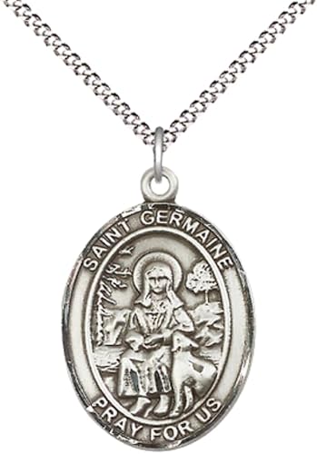 Women's .925 Sterling Silver Saint St. Germaine Cousin Medal Pendant on 18 Inch Rhodium Plated Lite Curb Brass Chain w/ Lobster Claw Clasp, Catholic Religious Necklace - Made in USA- Deluxe Velvet Gift Box