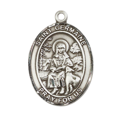 Mens .925 Sterling Silver Saint St. Germaine Cousin Medal Pendant on 24 Inch Rhodium Plated Heavy Curb Brass Chain with Lobster Claw clasp, Catholic Religious Necklace - Made in USA- Velvet Gift Box