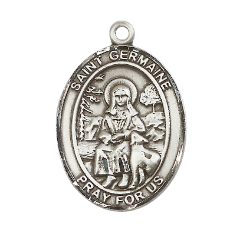 Saint St. Germaine Cousin Medal Necklace – Men's Pewter Pendant on 24 Inch Light Rhodium Plated plated Chain – Catholic Patron Saint St. of Disabled & Abuse Victims – Velvet Gift Box Included