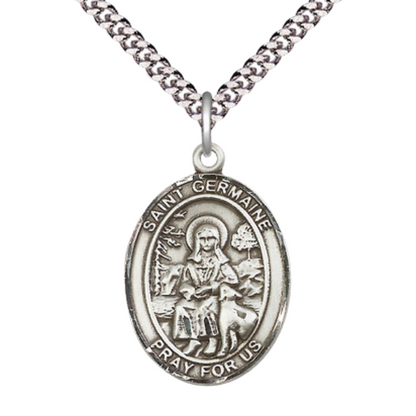 Saint St. Germaine Cousin Medal Necklace – Men's Pewter Pendant on 24 Inch Light Rhodium Plated plated Chain – Catholic Patron Saint St. of Disabled & Abuse Victims – Velvet Gift Box Included