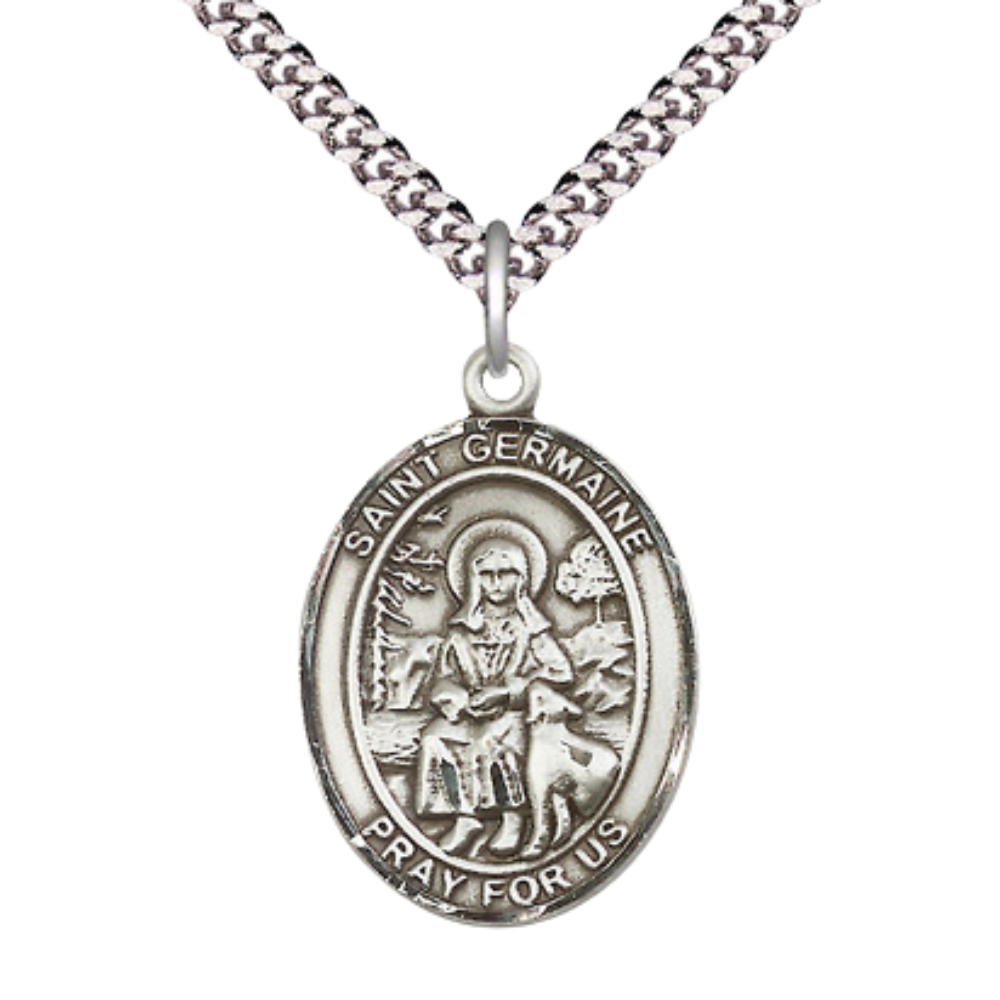 Mens Oval Pewter Saint St. Germaine Cousin Medal Pendant on 24 Inch Rhodium Plated Heavy Curb Brass Chain with Lobster Claw clasp, Catholic Religious Necklace - Made in USA- Deluxe Velvet Gift Box