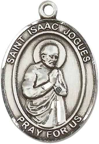 Women's Pewter Saint St. Isaac Jogues Medal Pendant on 18 Inch Rhodium Plated Lite Curb Brass Chain w/Lobster Claw Clasp, Catholic Religious Necklace - Made in USA- Deluxe Velvet Gift Box