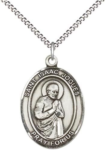 Women's Pewter Saint St. Isaac Jogues Medal Pendant on 18 Inch Rhodium Plated Lite Curb Brass Chain w/Lobster Claw Clasp, Catholic Religious Necklace - Made in USA- Deluxe Velvet Gift Box