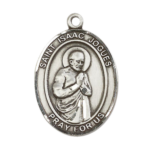 Mens .925 Sterling Silver Saint St. Isaac Jogues Medal Pendant on 24 Inch Rhodium Plated Heavy Curb Brass Chain with Lobster Claw clasp, Catholic Religious Necklace - Made in USA- Velvet Gift Box