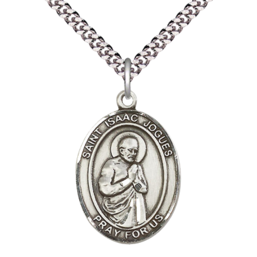 Saint St. Isaac Jogues Men's Medal Necklace – 24 Inch Endless Light Rhodium Plated Heavy Curb Chain – Patron Saint St. of The Americas – Exquisite Catholic Religious Jewelry in Velvet Gift Box