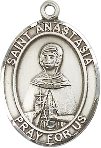 Women's .925 Sterling Silver Saint St. Anastasia Medal Pendant on 18 Inch Rhodium Plated Lite Curb Brass Chain w/ Lobster Claw Clasp, Catholic Religious Necklace - Made in USA- Deluxe Velvet Gift Box