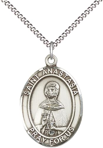 Women's Pewter Saint St. Anastasia Medal Pendant on 18 Inch Rhodium Plated Lite Curb Brass Chain w/Lobster Claw Clasp, Catholic Religious Necklace - Made in USA- Deluxe Velvet Gift Box