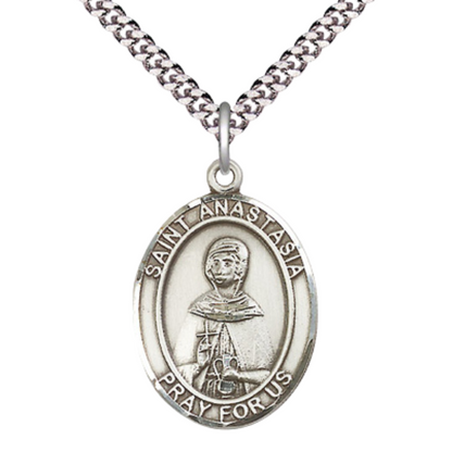 Saint St. Anastasia Men's Medal Necklace – 24 Inch Endless Light Rhodium Plated Heavy Curb Chain – Patron Saint St. of Martyrs & Widows – Exquisite Catholic Religious Jewelry in Velvet Gift Box