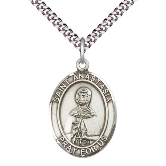 Saint St. Anastasia Men's Medal Necklace – 24 Inch Endless Light Rhodium Plated Heavy Curb Chain – Patron Saint St. of Martyrs & Widows – Exquisite Catholic Religious Jewelry in Velvet Gift Box