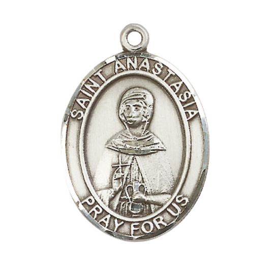 Mens Oval .925 Sterling Silver Saint St. Anastasia Medal Pendant on 24 Inch Rhodium Plated Heavy Curb Brass Chain with Lobster Claw clasp, Catholic Religious Necklace - Made in USA- Velvet Gift Box