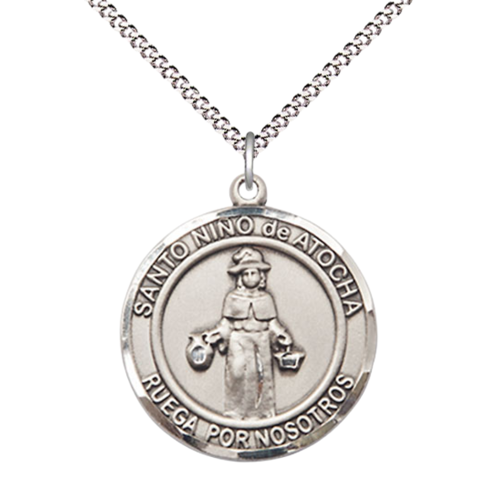 Spanish Script Women's Pewter Nino de Atocha Medal Pendant on 18 Inch Rhodium Plated Lite Curb Brass Chain, Catholic Religious Necklace with Lobster Claw Clasp - Made in USA- Deluxe Velvet Gift Box