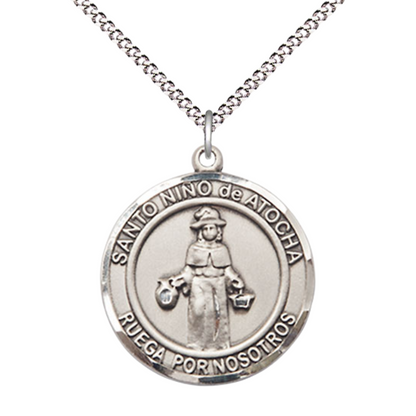 Spanish Script Women's Pewter Nino de Atocha Medal Pendant on 18 Inch Rhodium Plated Lite Curb Brass Chain, Catholic Religious Necklace with Lobster Claw Clasp - Made in USA- Deluxe Velvet Gift Box