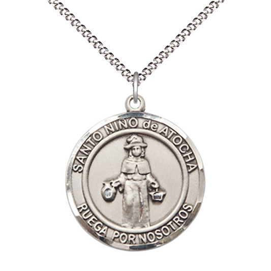 Spanish Script Women's .925 Sterling Silver Nino de Atocha Medal Pendant on 18 Inch Rhodium Plated Lite Curb Brass Chain, Catholic Religious Necklace with Lobster Claw Clasp - Made in USA, in Deluxe Velvet Gift Box