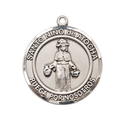 Spanish Script Men's .925 Sterling Silver Nino de Atocha Medal Pendant on 24 Inch Endless Rhodium Plated Heavy Curb Chain, Catholic Religious Necklace - Made in USA, in Deluxe Velvet Gift Box