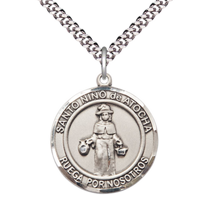 Mens 1 x 7/8" Round Pewter Nino de Atocha Medal Pendant on 24 Inch Rhodium Plated Heavy Curb Brass Chain with Lobster Claw clasp, Catholic Religious Necklace - Made in USA- Deluxe Velvet Gift Box